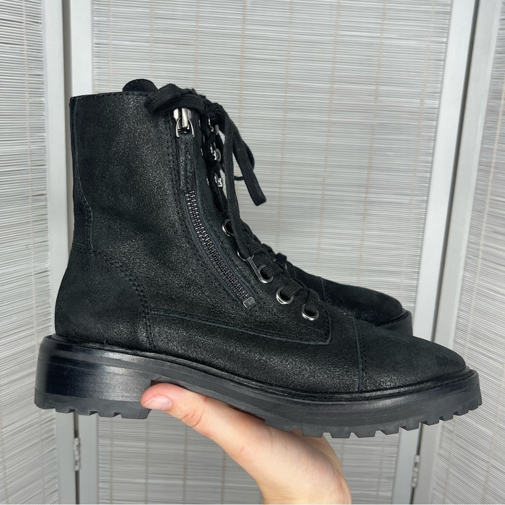 Paige Marline Black Leather Combat Boots Reflective Textured Lace Up Size 6